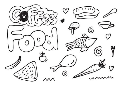 doodle food,fruits, vegetables with lettering in vector. vector