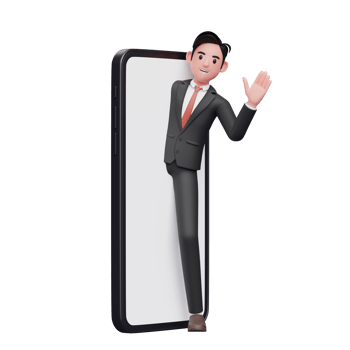 businessman in black formal suit appears from the phone screen and says hi waving hand, 3d illustration of businessman using phone png