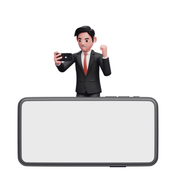 businessman in black formal suit celebrating while looking phone screen behind big phone landscape screen, 3d illustration of businessman using phone png