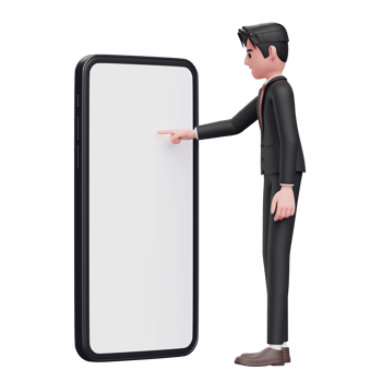 businessman in black formal suit touching phone screen with index finger, 3d illustration of businessman using phone png