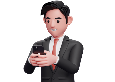 close up of businessman in black formal suit typing message with cell phone, 3d illustration of businessman using phone png