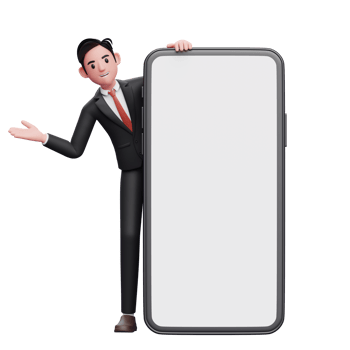 businessman in black formal suit emerges from behind big phone with open hands, 3d illustration of businessman using phone png