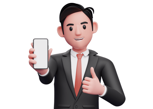 close up of businessman in black formal suit give thumbs up and showing phone screen to the camera, 3d illustration of businessman using phone png
