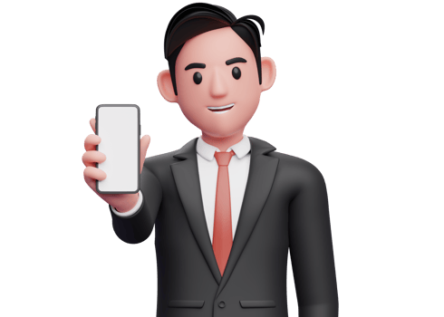 close up of businessman in black formal suit showing phone screen to the camera, 3d illustration of businessman using phone png