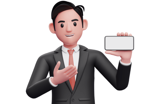 close up of businessman in black formal suit presenting pose with landscape phone, 3d illustration of businessman using phone png