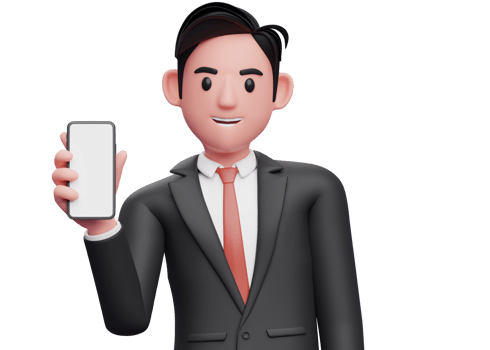 close up of businessman in black formal suit holding phone while tilting body, 3d illustration of businessman using phone png