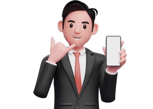 close up of businessman in black formal suit doing call me sign finger gesture with showing phone, 3d illustration of businessman using phone png