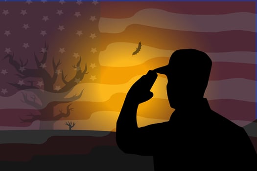American flag and Silhouette of Soldier in sunset sunrise time. suitable for Veterans Day,Independence Day,Memorial Day,4th of July or Labour Day copyspace Background. vector