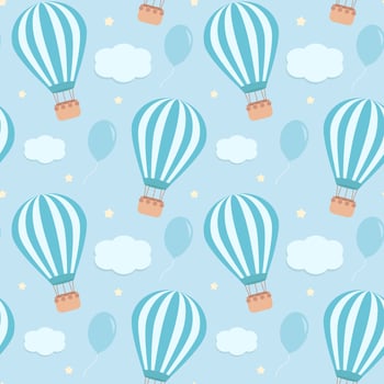 Blue seamless pattern with hot air balloons vector