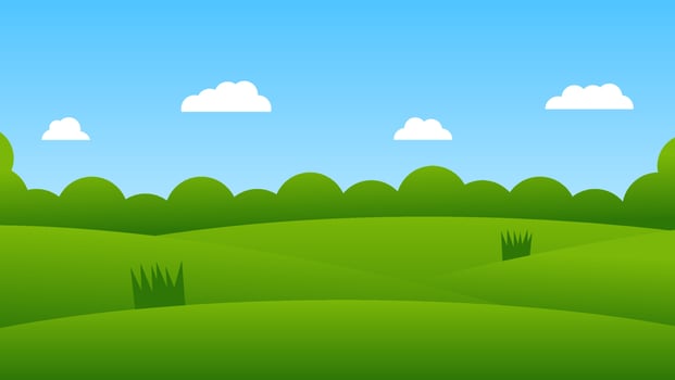 landscape cartoon scene with green hills and white cloud in summer blue sky background vector