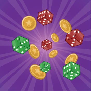 Colorful Flying Casino Dices and Gold Coins Illustration vector