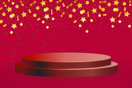 Podium with circles stars ribbons on a red horizontal background. 3d style. Stage podium. Gold design. Vector illustration.