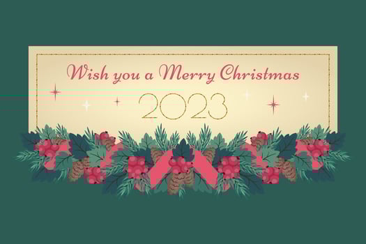 Christmas greeting card with Christmas wreath, golden text, horizontal frame. Vintage winter holiday background. New Year's banner. Vector illustration for festive poster, invitation, flyer