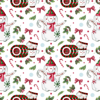 Watercolor seamless Christmas pattern with tableware, teapot, cups, fir branches, berries, candies and holly. png