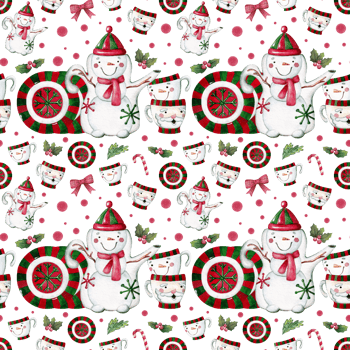 Watercolor seamless Christmas pattern with tableware, teapot, cups, fir branches, berries, candies and holly. png