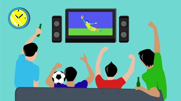 Watching football on TV with friends blue vector illustration