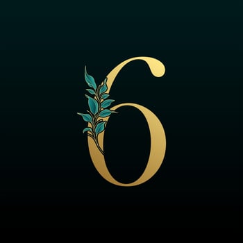 Gold Floral Number 6, with botanic branch bouquet composition. Unique collection for wedding invites decoration and other concept ideas. vector