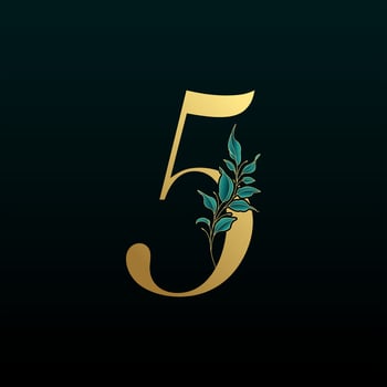 Gold Floral Number 5, with botanic branch bouquet composition. Unique collection for wedding invites decoration and other concept ideas. vector