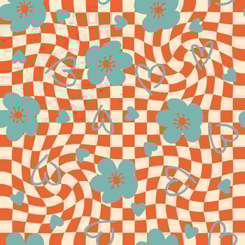 Romantic seamless pattern with flowers and hearts on trippy grid background. vector