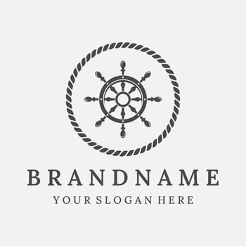 Cruise ship rudder logo template design with retro waves, ropes and anchors. Logo for business, sailors, sailing. vector