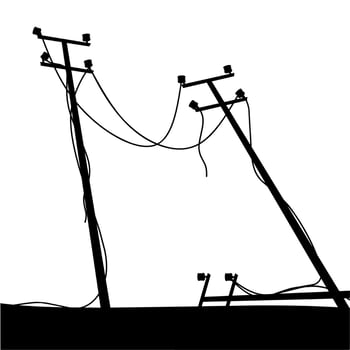 Vector illustration of a power pole collapsing due to a natural disaster. The tower is broken on the side of the road. Isolated on a white background. Great for disaster logos. Vector illustration