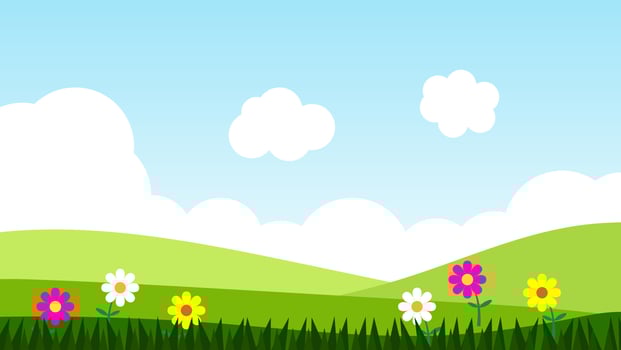 landscape cartoon scene with colorful flowers and green grass on hill with white fluffy cloud and blue sky vector