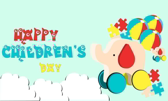 Happy Children's Day Vector Illustration with toys in left and clouds in bottom. For poster, banner, card, social media