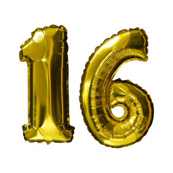 16 Golden number helium balloons isolated background. Realistic foil and latex balloons. design elements for party, event, birthday, anniversary and wedding. png