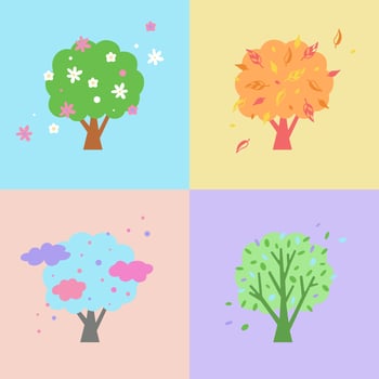 Vector illustration for children in pastel colors. Change of seasons four trees at different times of the year.