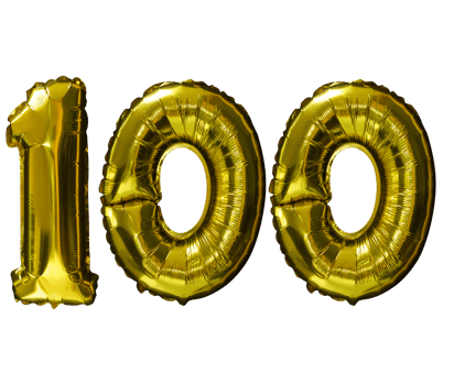 100 Golden number helium balloons isolated background. Realistic foil and latex balloons. design elements for party, event, birthday, anniversary and wedding. png