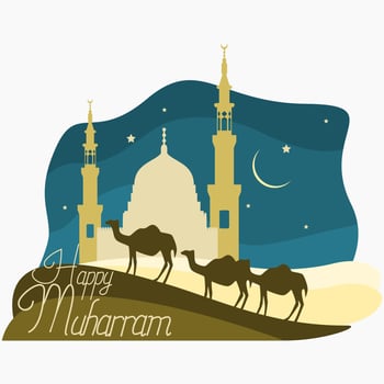 Editable Vector of Camels Caravan and Mosque Silhouette on Desert Illustration for Muharram Hijri New Year or Islamic Holy Festival Design Concept