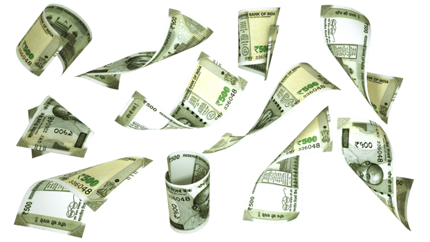 3D rendering of 500 Indian rupee notes flying in different angles and orientations isolated on transparent background png