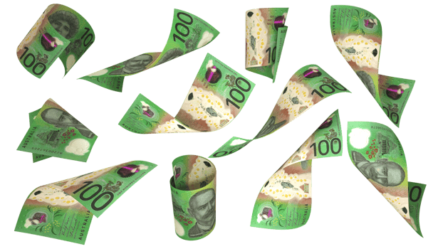 3D rendering of 100 Australian dollar notes flying in different angles and orientations isolated on transparent background png