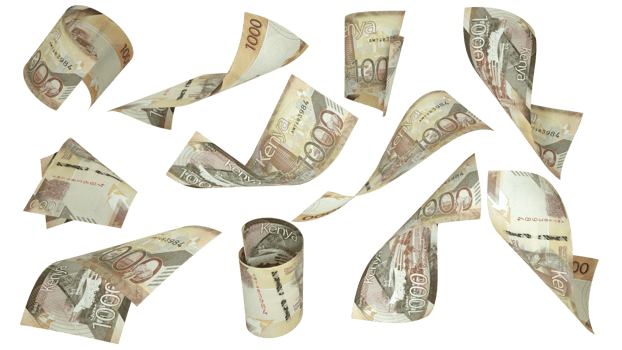 3D rendering of 1000 Kenyan shilling notes flying in different angles and orientations isolated on transparent background png