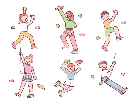 Collection of cute characters doing indoor rock climbing. flat vector illustration.