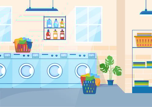 Dry Cleaning Store Service with Washing Machines, Dryers and Laundry for Clean Clothing in Flat Cartoon Hand Drawn Templates Illustration vector