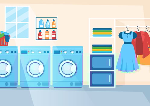 Dry Cleaning Store Service with Washing Machines, Dryers and Laundry for Clean Clothing in Flat Cartoon Hand Drawn Templates Illustration vector