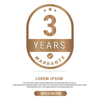 3 Year warranty vector art illustration in emas color with fantastic font and white background. Eps10 Vector