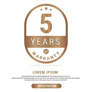 5 Year warranty vector art illustration in emas color with fantastic font and white background. Eps10 Vector
