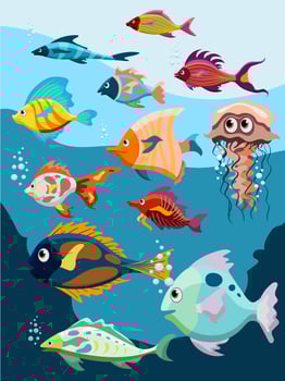 Set of various tropical fish in cartoon style vector