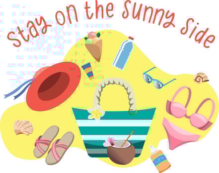 Cute and colorful beach item set with beach bag, swimwear, hat, sunglasses, flip-flops and desserts vector