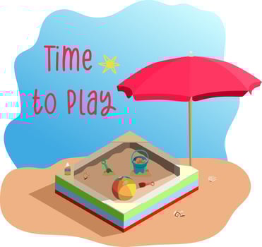Beach sandbox with kids shovel, bucket and ball, in the shade of umbrella vector