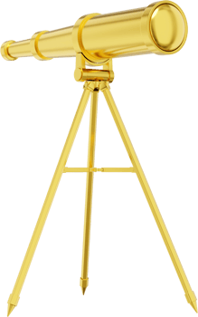 Telescope gold metal. 3d rendering. PNG icon on transparent background.