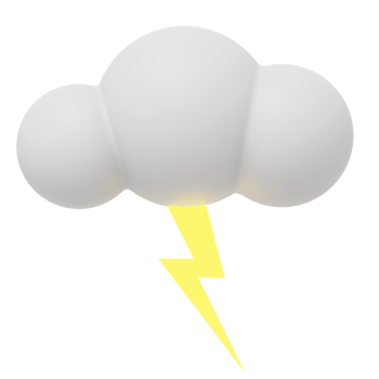 White cartoon cloud with lightning. 3D rendering. PNG icon on transparent background.