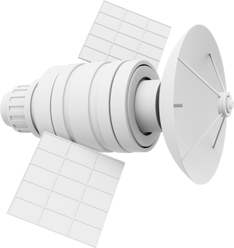 Space satellite with an antenna. Orbital communication station intelligence, research. 3D rendering. White PNG icon on transparent background.