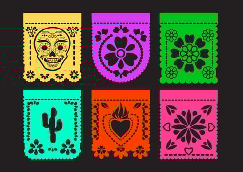 Mexican Papel Picado. Paper bunting. Fiesta party flags. Vector set.