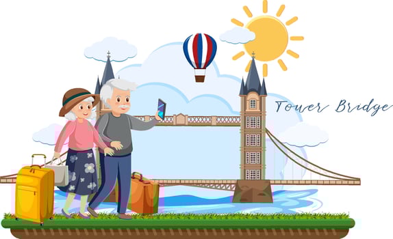 Elderly couple travelers with Tower Bridge London vector
