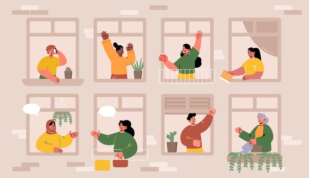 People in house windows, neighbors talking vector