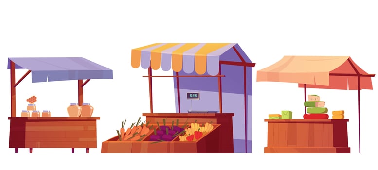 Food market stalls with honey, vegetables, cheese vector