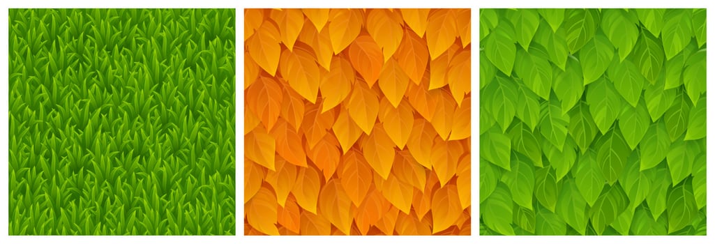 Textures of grass, green and orange tree leaves vector